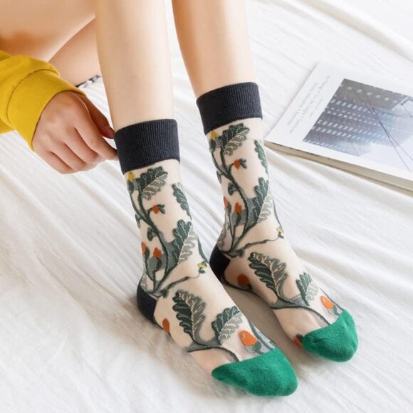 Women Floral Sheer Mesh Socks 8 Pairs Summer Thin Lace Jacquard Accessories - Picture 6 of 7